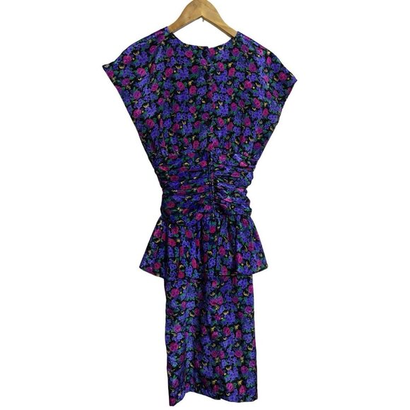 Vintage 80s Floral Peplum Dress Shirred Waist Button Back Sz 5/6 Retro 1980s‎ - Picture 4 of 8